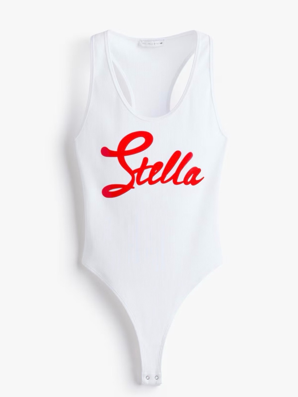 White Ribbed Racerback Bodysuit with Red 'Stella' Script